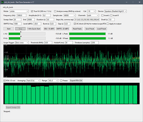The mh_vfx_tools - Test Tone Generator is a precision audio reference and monitoring utility for broadcast operations, post-production QC, studio alignment, and acoustic tuning. It generates calibrated tones, noise, sweeps, and channel-verification patterns with true VU ballistics, peak meters, a black/green oscilloscope, and a 1/3-octave RTA. Export tools capture RTA bands or sweep RMS by octave to CSV for documentation.

Standards awareness: SMPTE / EBU R128 alignment practices (−20 dBFS / −18 dBFS) are first-class citizens.